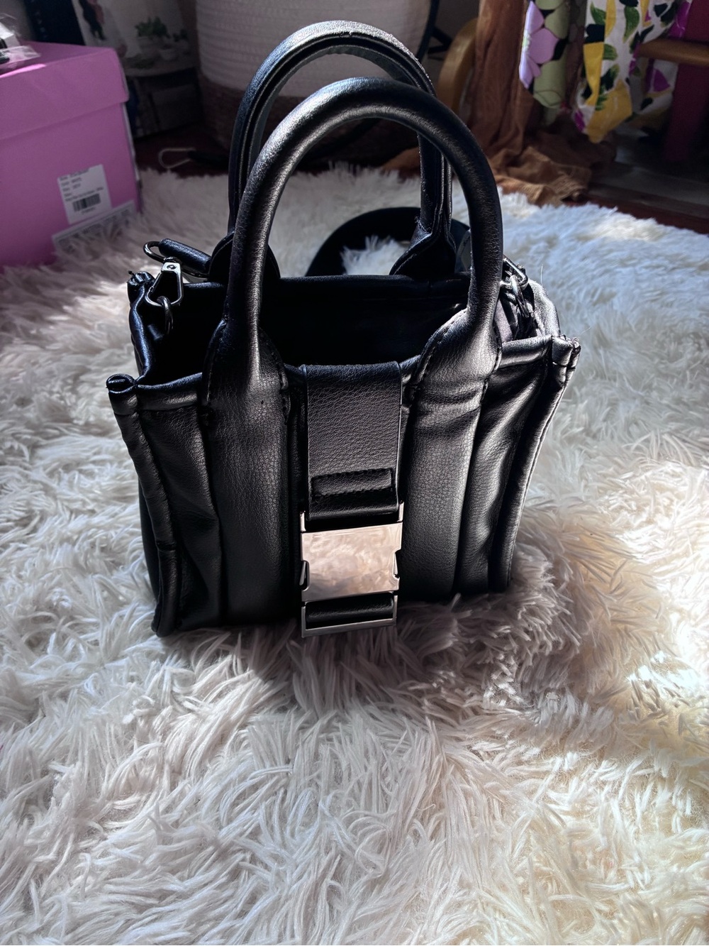 Madden Girl Black Mini Top-Handle Bag with Silver Buckle